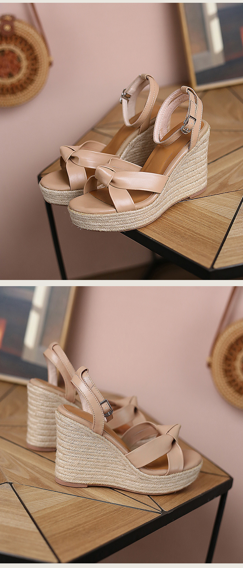 Sandal cao gót nữ hở mũi phong cách retro, đế xuồng cói kết hợp dây thừng gai dầu, gót 9.5 cm — nâu chi tiết 9