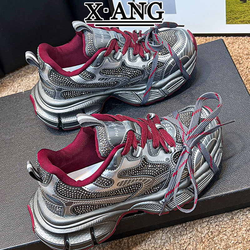 Rhinestone Paris Dad Shoes 2025 Spring and Summer New Thick Sole Heightening Mesh Casual Sports Shoes Anker Red Women's Shoes