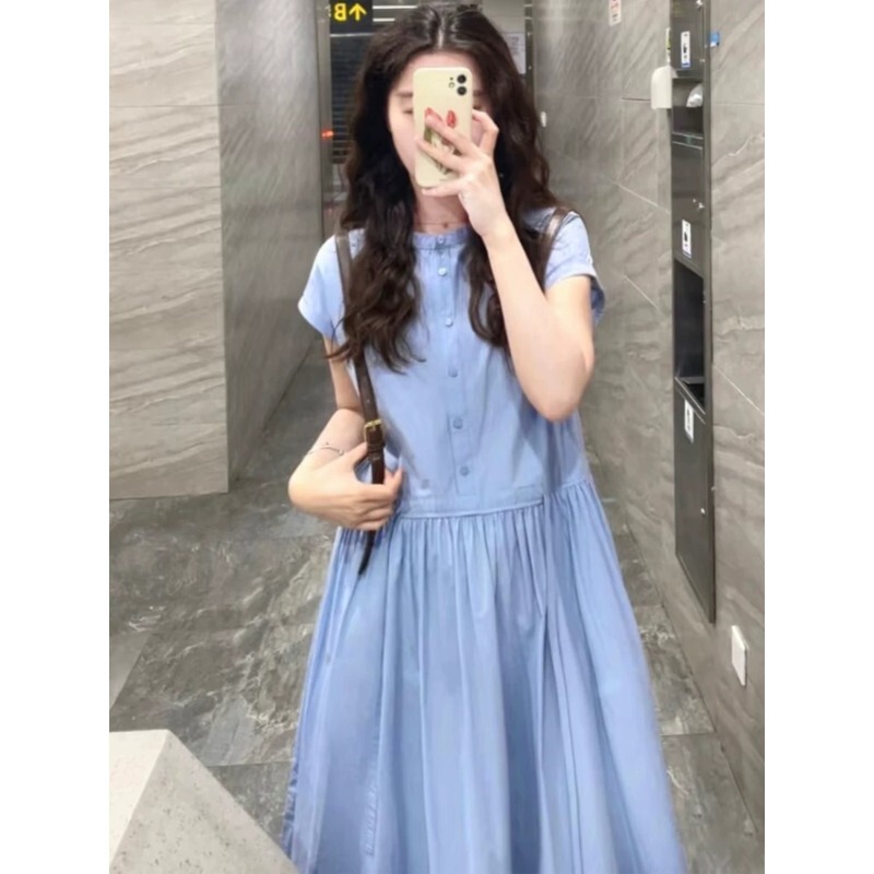 Blue Short-Sleeved Shirt Dress for Women, New Summer Style, High-End, Elegant and Slim-Fitting Long Skirt