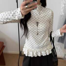【下摆有松紧】设计感辣妹小众波点印花长袖t恤女秋季短款上