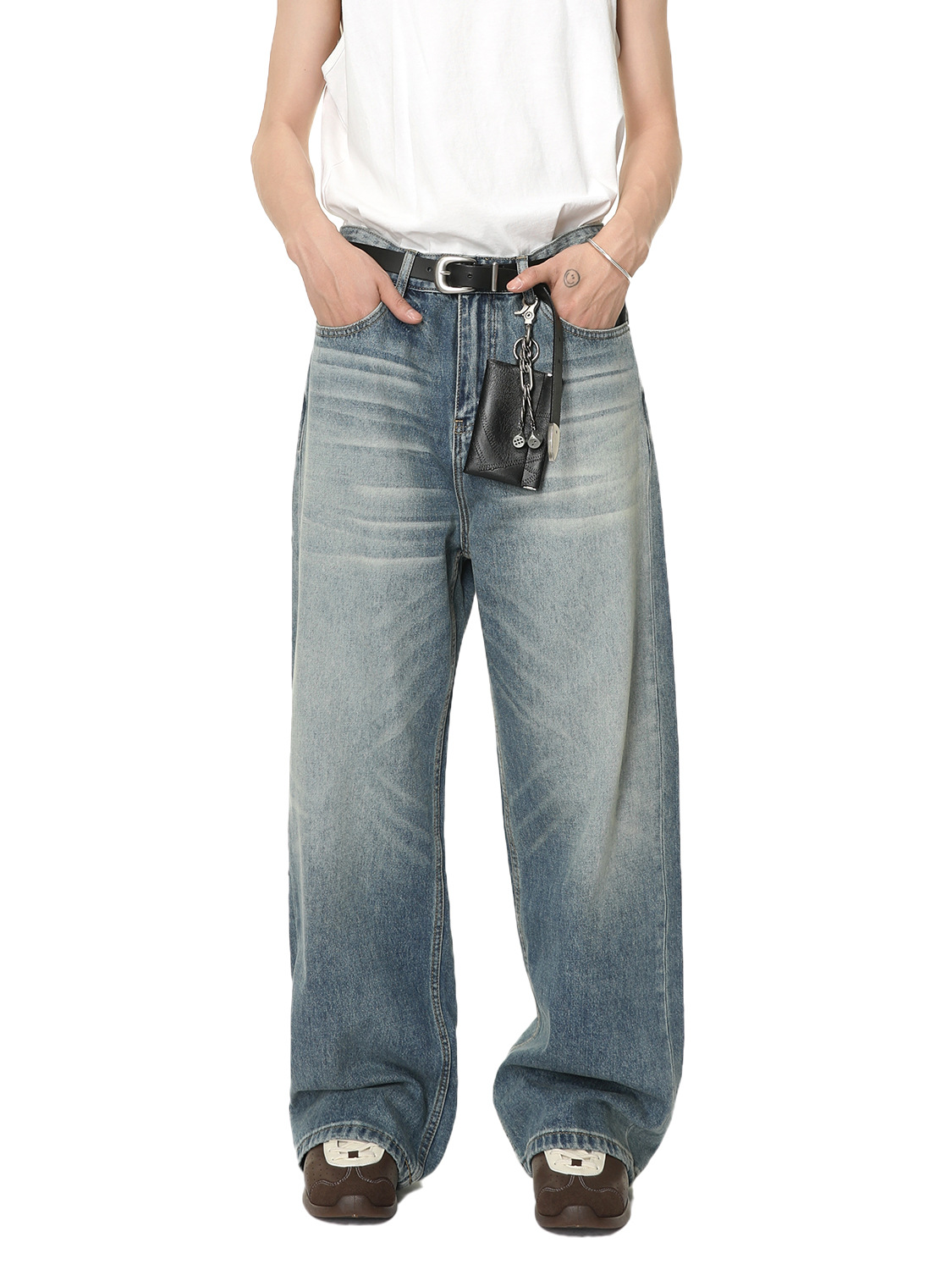 MTLCLOTHES Hombres| American retro vibe blanqueado hacer viejos estereoscópicos gatos barba patas anchas jeans rectos