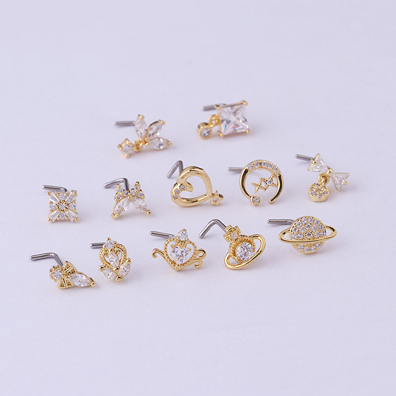 Titanium Steel Screw Rod Nose Stud Micro-Inlaid Horse Eye Heart Shape Zircon Fashion Nose Studs