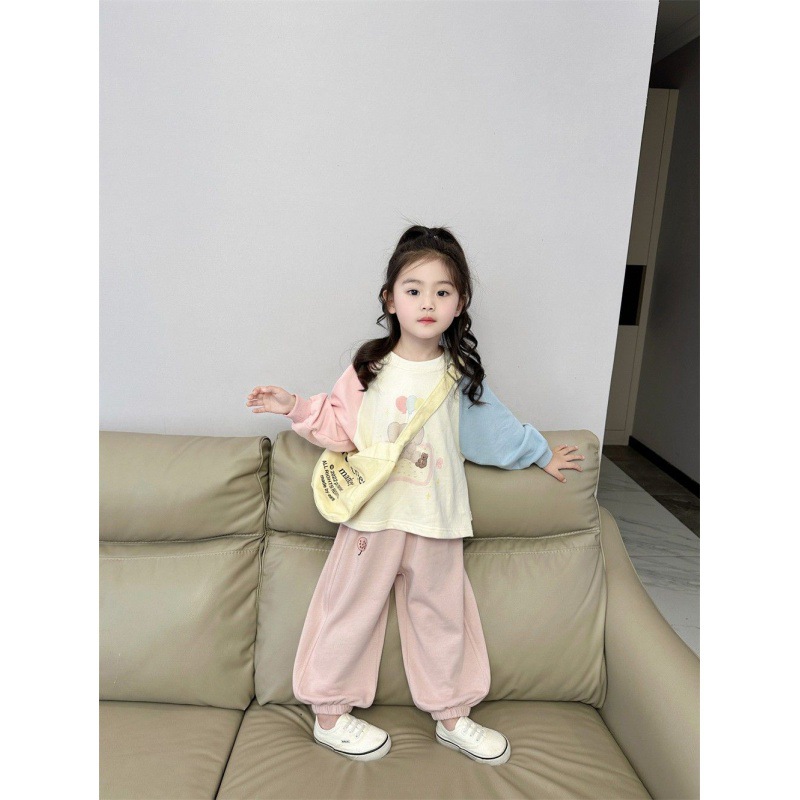 韩国童装女童套装春季中小童甜美可爱撞色插肩袖卫衣运动裤两代发