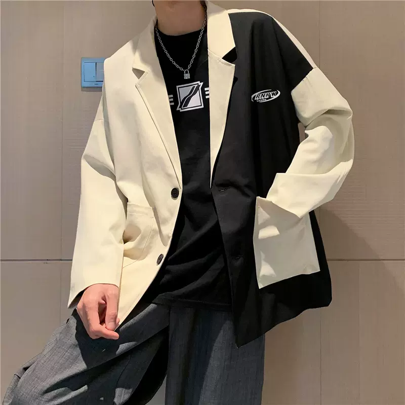 秋季情侣西装外套港风ins宽松男潮流痞帅设计感拼接休闲西服上衣