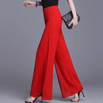 2024 New Summer Style Chiffon Wide-Leg Pants for Women, Drapey Culottes, High-Waisted Slit Casual Pants, Slim Straight Legs