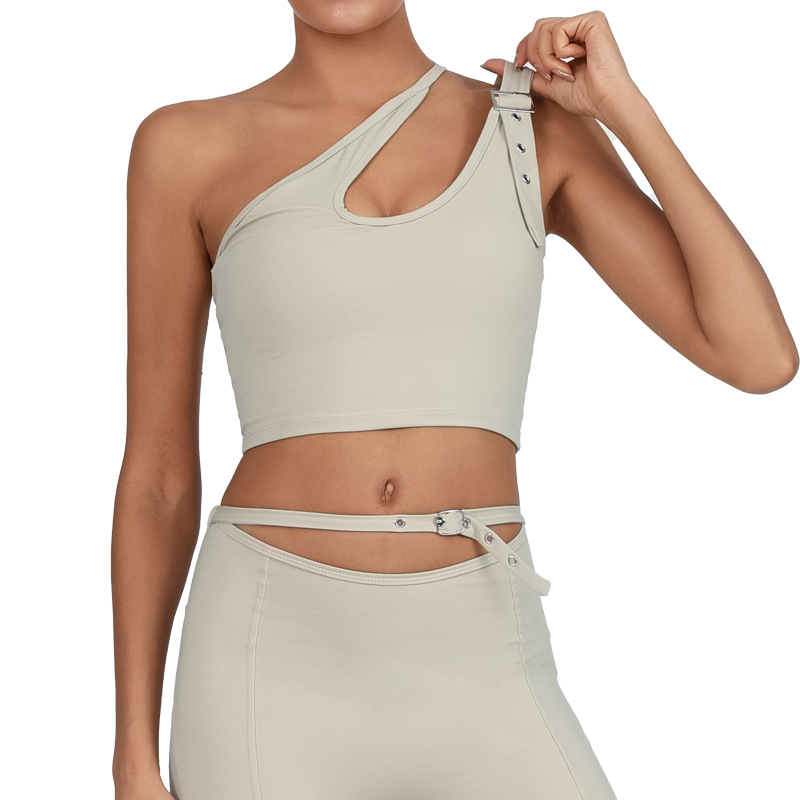 Europa y Estados Unidos comercio exterior chaleco de yoga transfronterizo mujer con almohadilla de pecho irregular de un solo hombro deportivo acondicionamiento físico rápido secado chaqueta de cintura