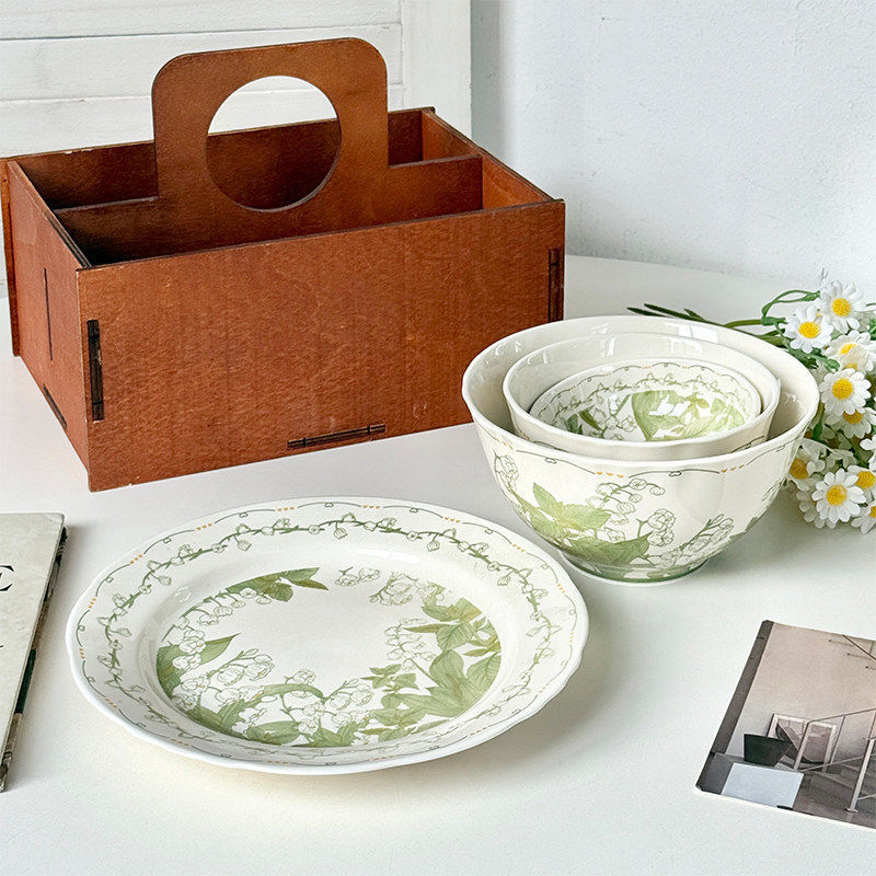 French-Style Lily of the Valley Ceramic Rice Bowl, High-End Single-Serving Bowl and Plate Set, Underglaze Color Tableware Set for Home Use, Deep Dish and Plate Set French-Style Lily of the Valley Ceramic Rice Bowl, High-End Single-Serving Bowl and Plate Set, Underglaze Color Tableware Set for Home Use, Deep Dish and Plate Set