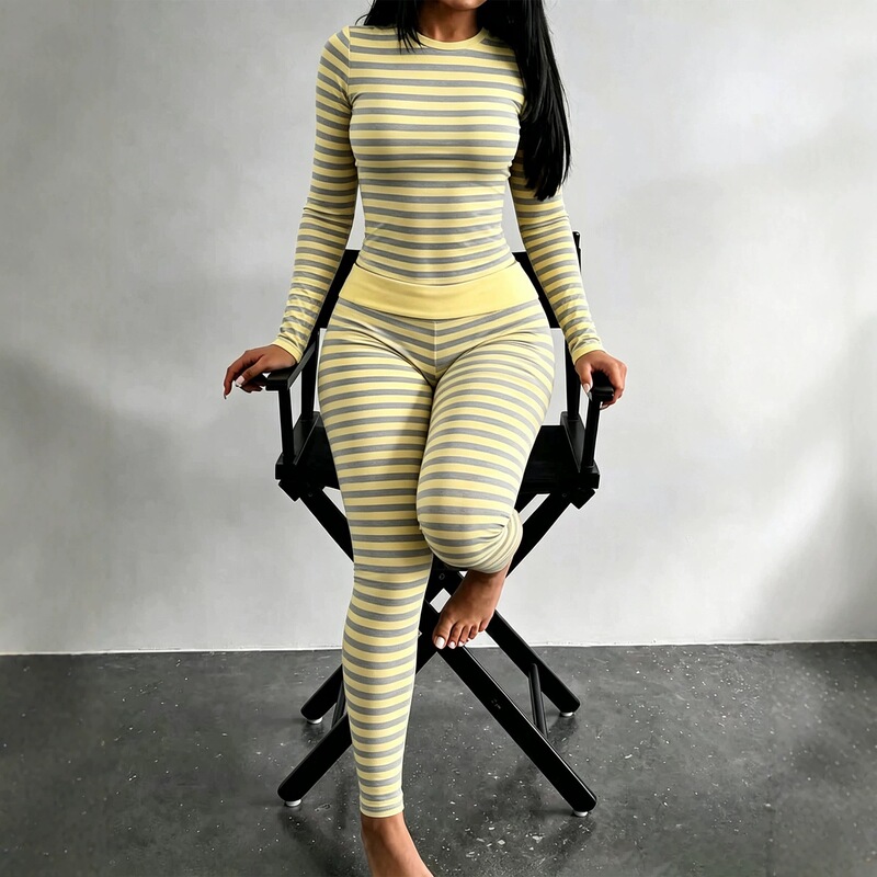 2026 European and American cross-border women's clothing, round-neck striped two-tone long-sleeve long-pants tight-fitting home fitness casual set 2026 European and American cross-border women's clothing, round-neck striped two-tone long-sleeve long-pants tight-fitting home fitness casual set