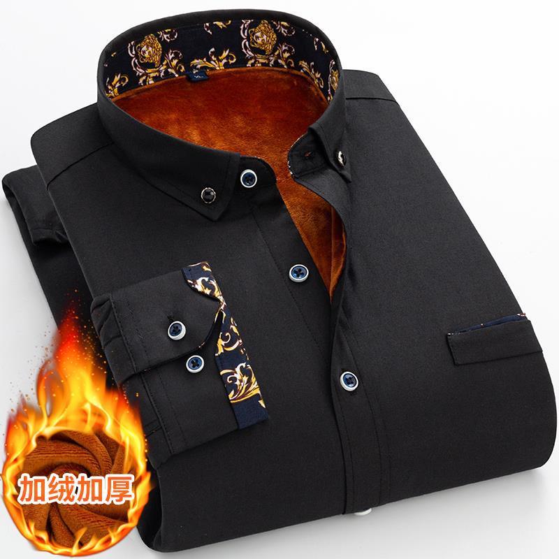 Men's long-sleeved fleece-lined black shirt, Korean style, trendy, thick, warm, casual, and suitable for autumn and winter.