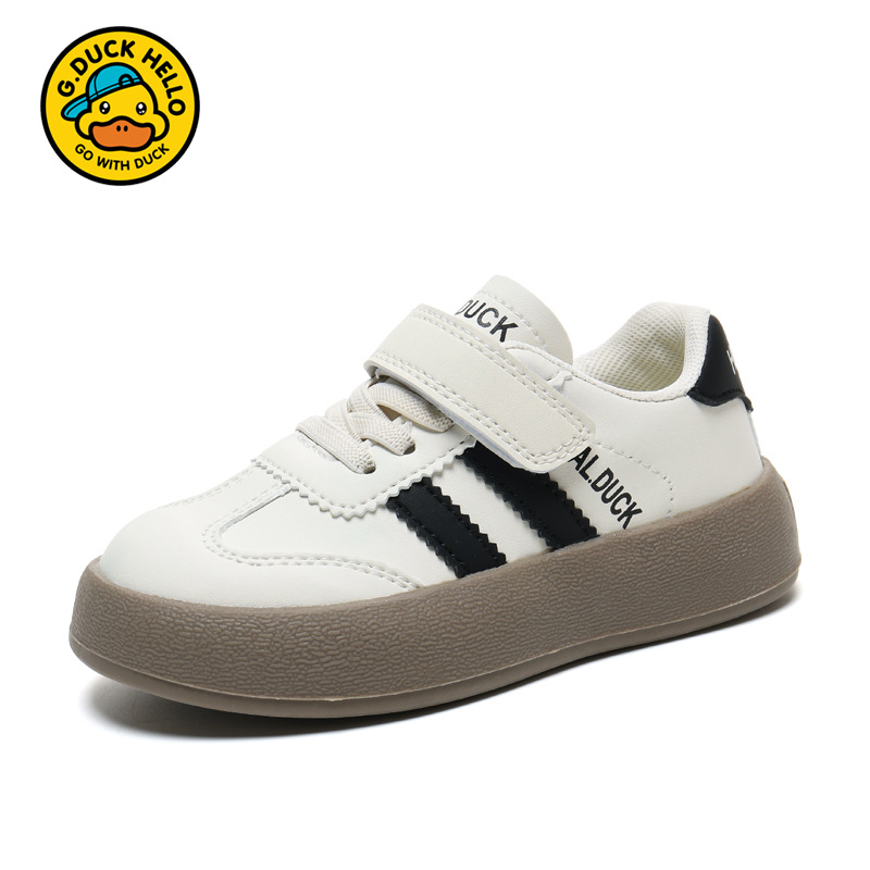Pato amarillo zapatos para niñas zapatos de entrenamiento para niños primavera y otoño 2025 nuevo cuero impermeable zapatos deportivos para niños zapatos blancos pequeños