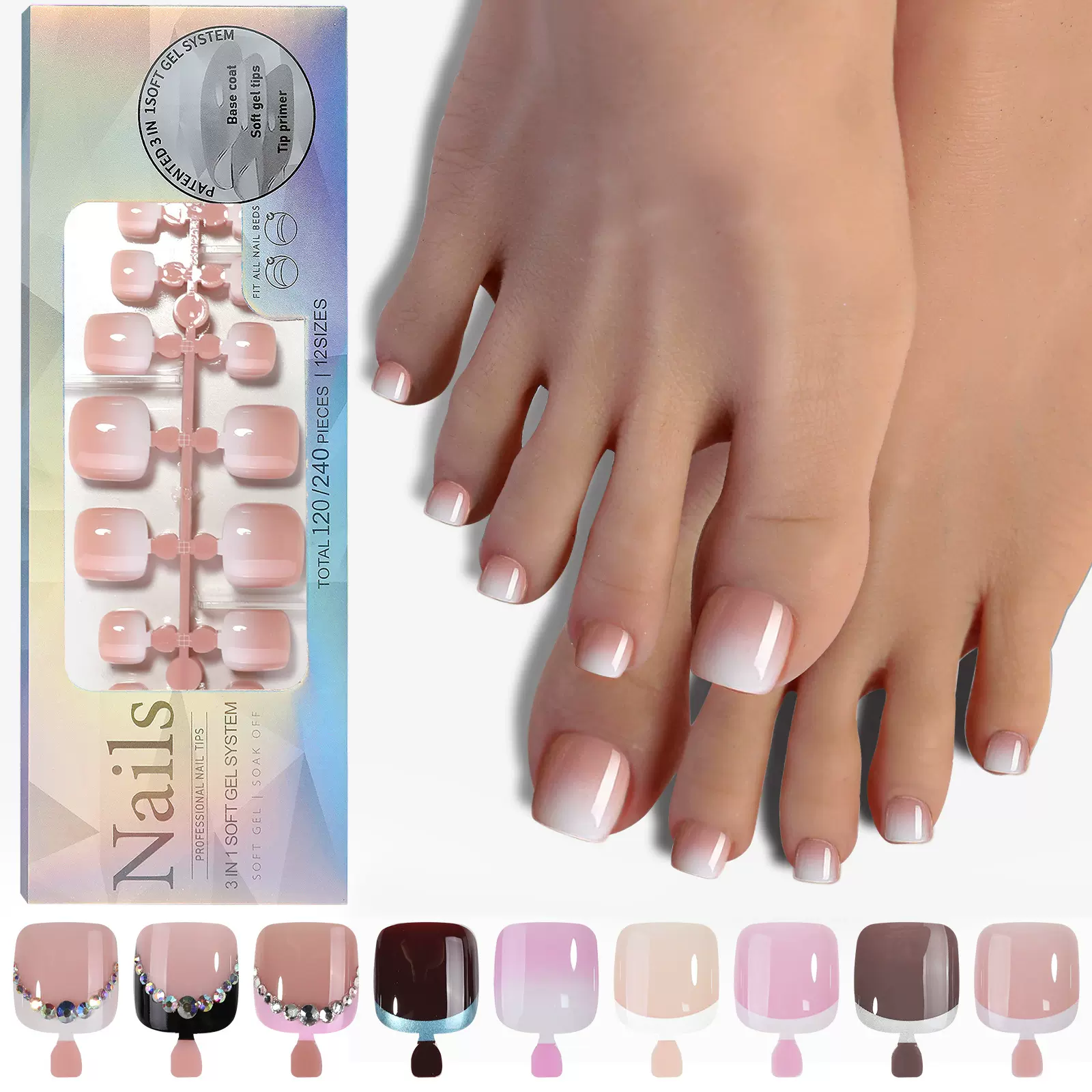 跨境nails法式脚指甲美足脚甲成品穿戴甲甲片磨砂脚趾甲贴片批发