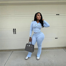 2025夏季欧美跨境亚马逊纯色短款连帽上衣性感紧身长裤套装潮流