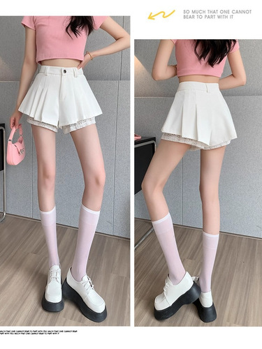 Lace-embroidered satin shorts for women, spring and summer thin high-waisted slimming casual wide-leg skirt pants, temperament petite pleated