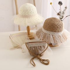 New Children's Lace Pearl Grass Hat and Bag Set Summer Girls Grass Weave Bag Beach Sun Protection Hat