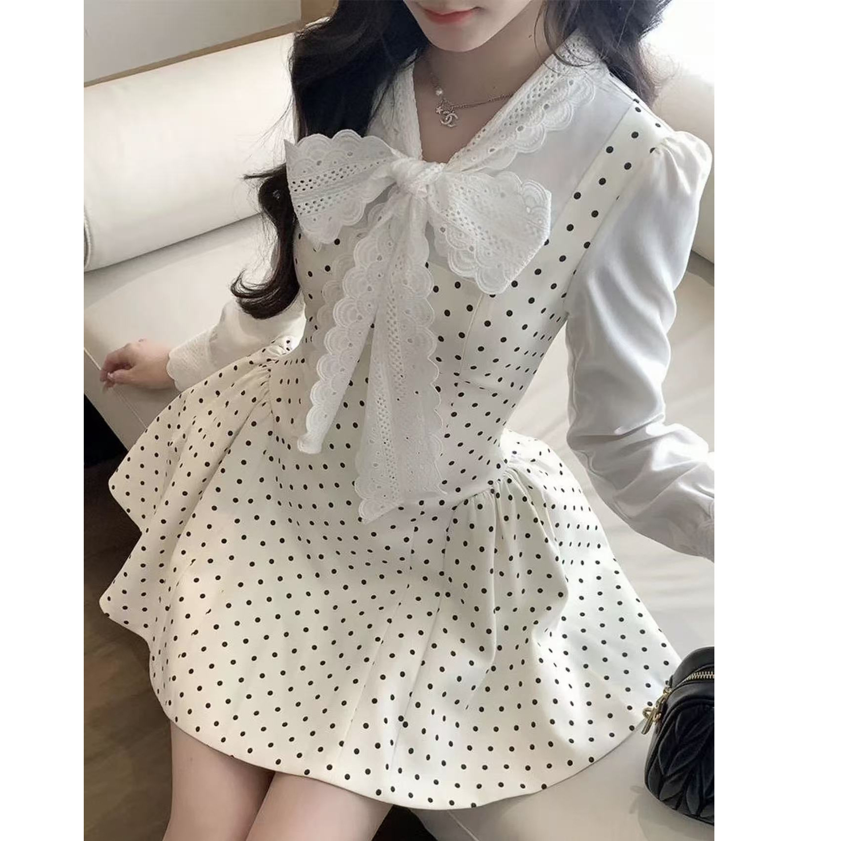 法式波点假两件长袖连衣裙女早秋季新款小个子公主蓬蓬裙修身短裙