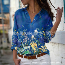 2022新款外贸女装速卖通春季长袖衬衣时尚大码印花上衣