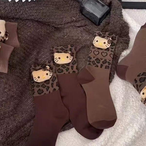 Maillard Color Coffee Color Leopard Print Hello Kitty Socks Stereo Kt Cat Mid-Calf Socks Cute Design Ins Autumn and Winter Maillard Color Coffee Color Leopard Print Hello Kitty Socks Stereo Kt Cat Mid-Calf Socks Cute Design Ins Autumn and Winter