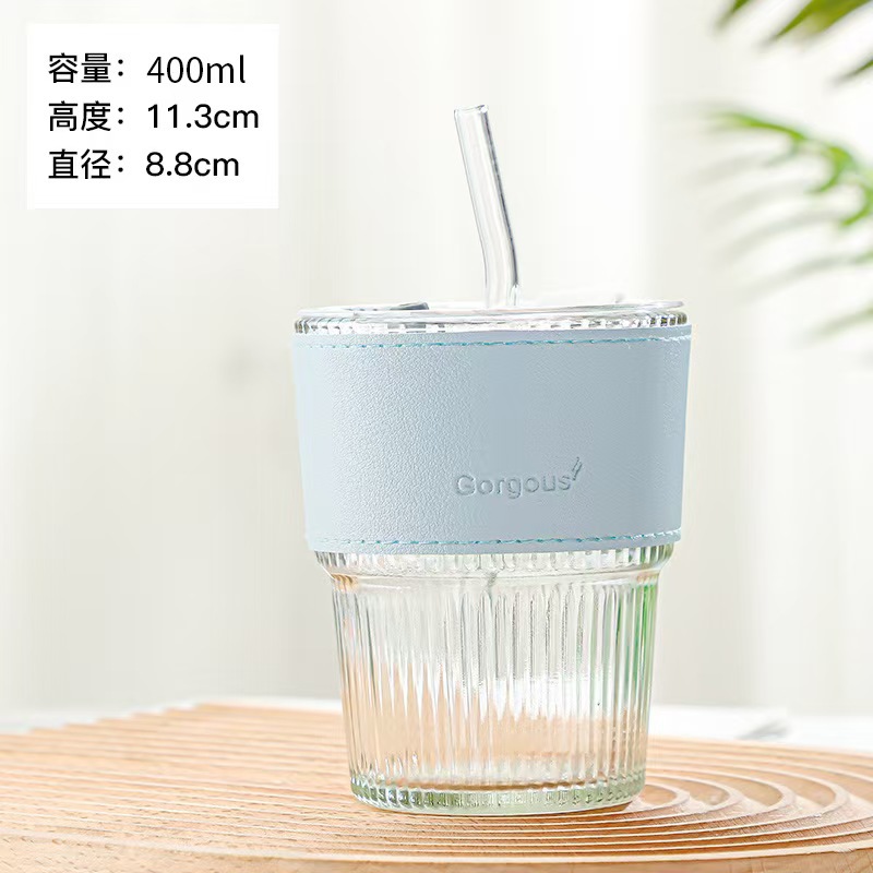 Vaso de vidrio estriado de gran capacidad con tapa y popote, taza fría de alta estética para café y bebidas