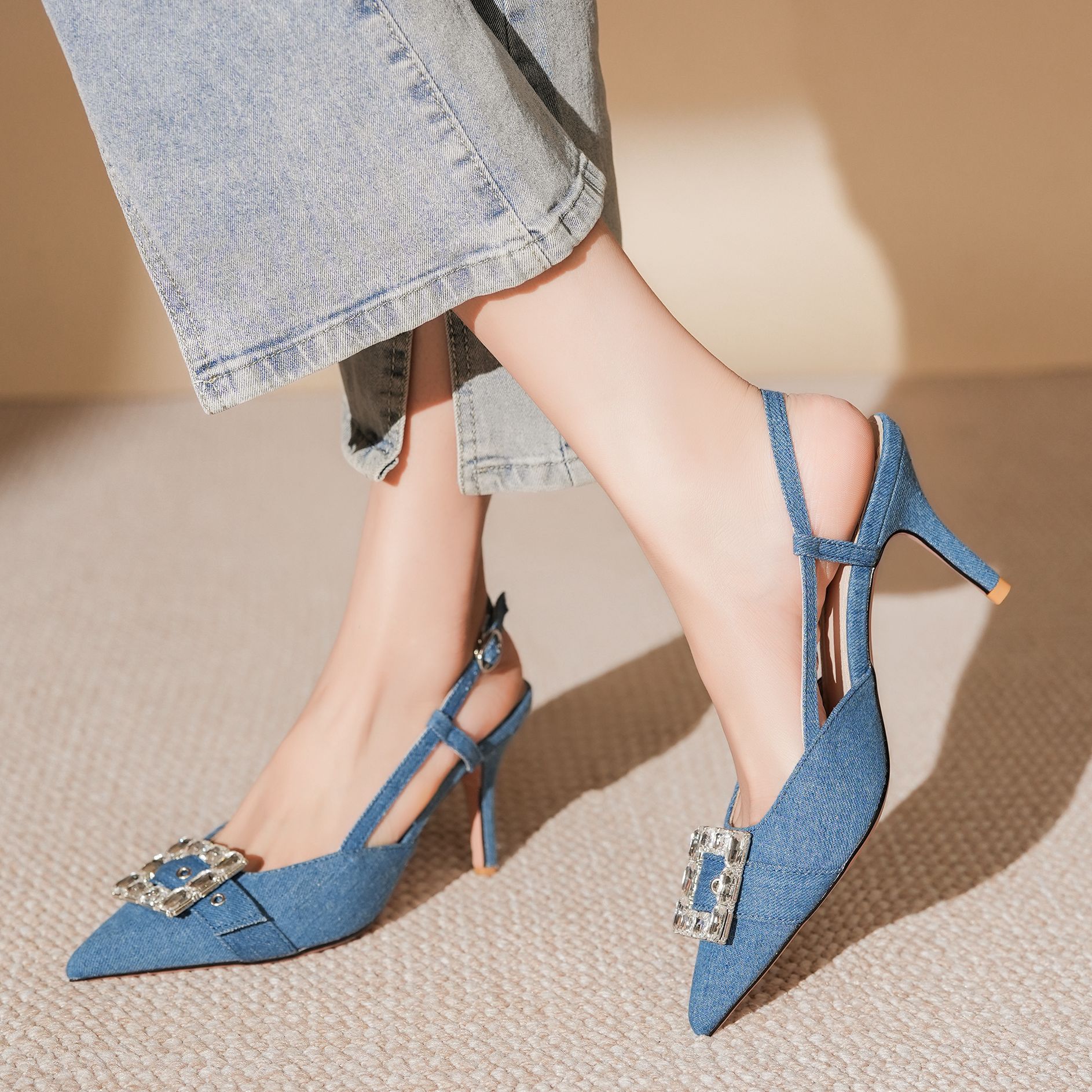 7755-3 Denim Blue Style Bag Open Toe Backless Sandals Thin Heel High Heels Elegant Commuting Professional_voghion.com