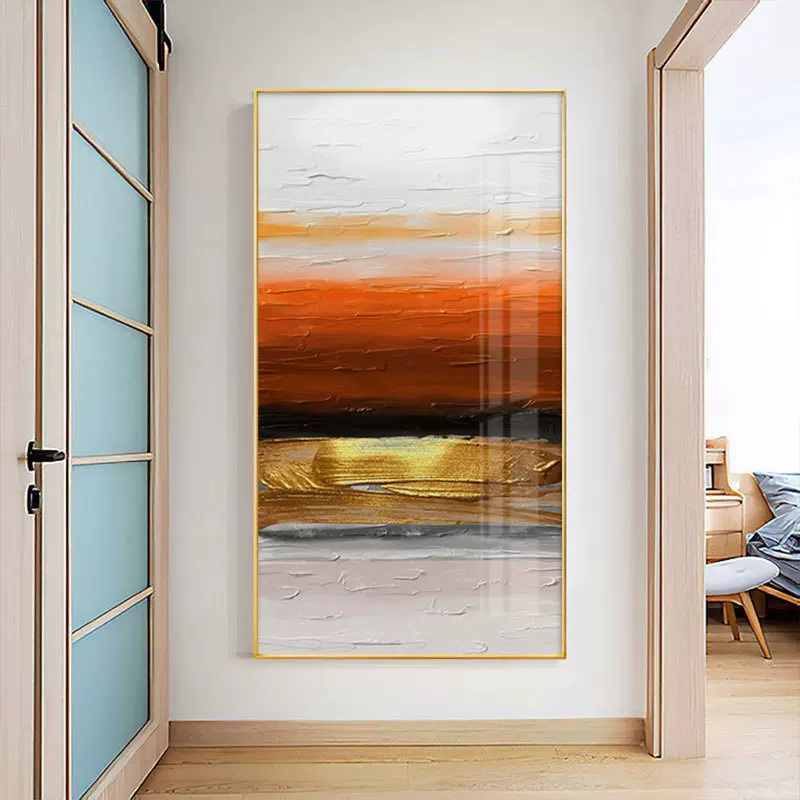 现代入户进门抽象走廊竖版玄关装饰画金色简约大幅画酒店过道挂画