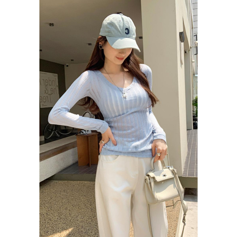 Affordable Women's Thin Slightly See-Through Pit V-Neck Right Shoulder Slim Long-Sleeved T-Shirt Women's 2025 New Sun Protection Blouse Small Top Affordable Women's Thin Slightly See-Through Pit V-Neck Right Shoulder Slim Long-Sleeved T-Shirt Women's 2025 New Sun Protection Blouse Small Top