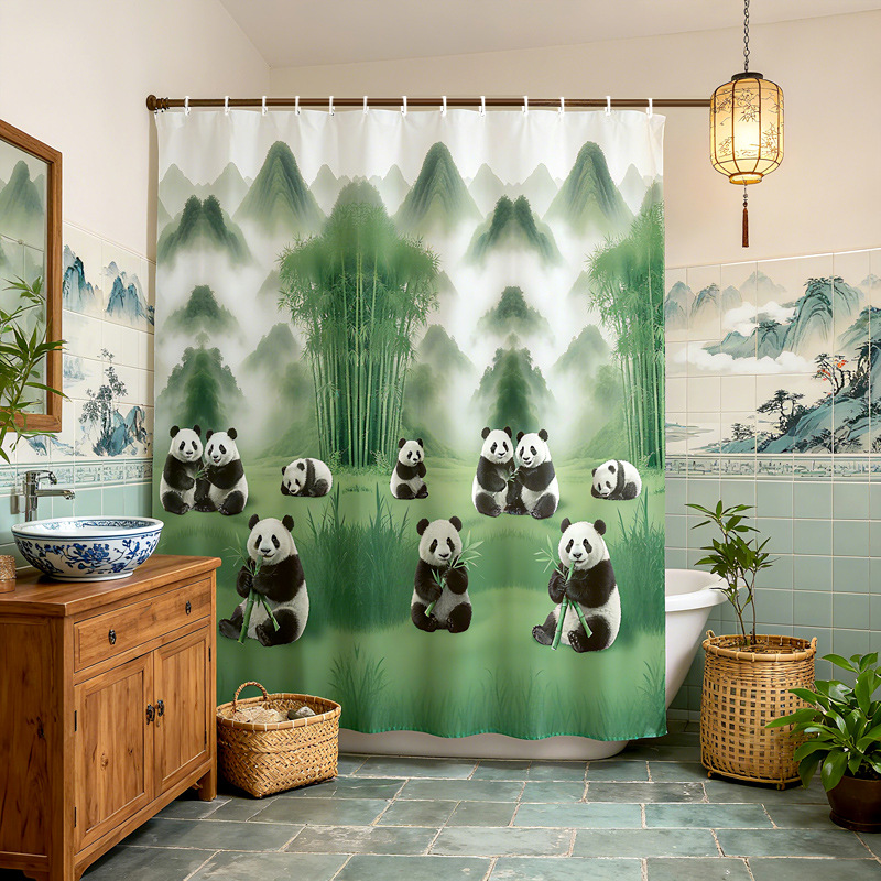 Cross-Border Popular Peva Shower Curtain Waterproof and Mildew-Proof Chinese Style Cute Panda Bathroom Toilet Partition Curtain