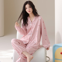 春秋季纯棉睡衣女开衫款可爱卡通爱心猫咪大码甜美女款家居服套装