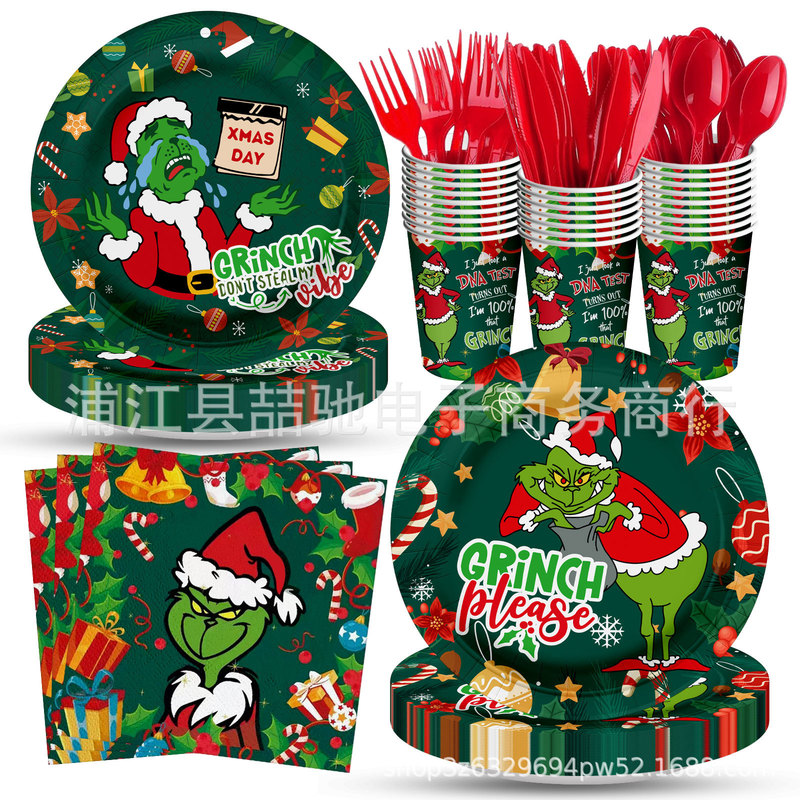 Green-Haired Monster Grinch Theme Party Paper Plate Christmas Disposable Paper Cup Paper Plate Paper Towel Holiday Decoration Supplies