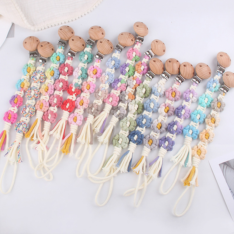 Productos para bebés Clip de chupete de haya Creativo Tejido a mano Estilo pastoral Cadena de chupete de margarita de color