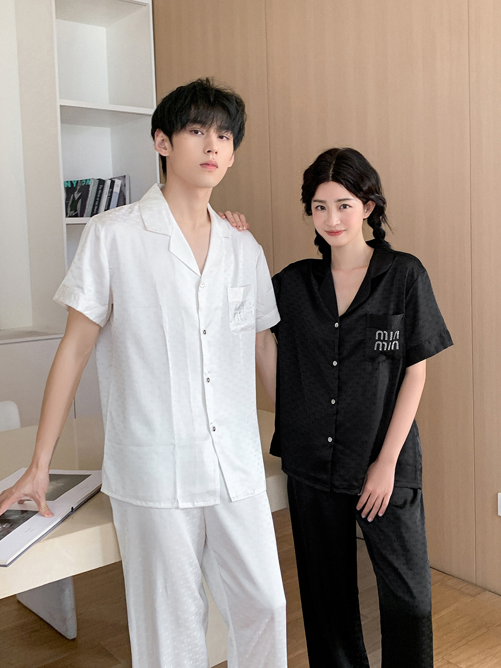 Luxuriöser Eis-seide Partner Pyjama Satin Jacquard Hausanzug_voghion.com