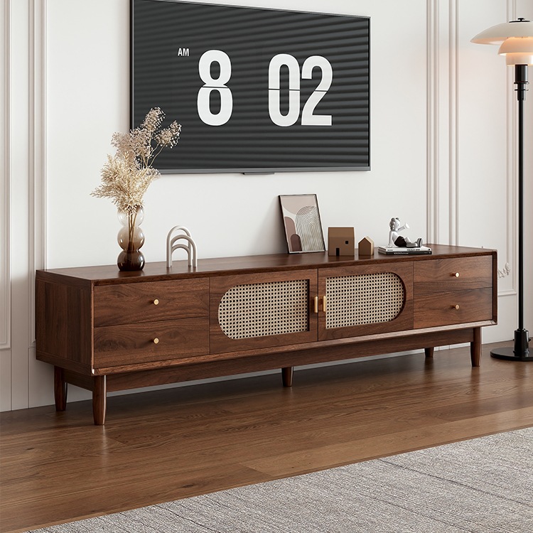 Tv Cabinet Coffee Table Combination Retro Rattan Solid Wood Frame Living Room French Storage Cabinet Small Apartment Household Cupboard