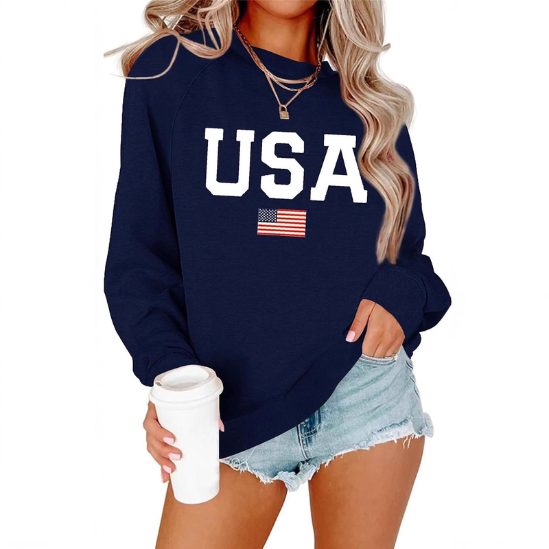 Dressmine Women's American Shirt Casual Long Sleeve Pattern T-Shirt Knitted Crew Neck Loose Fit Sweatshirt