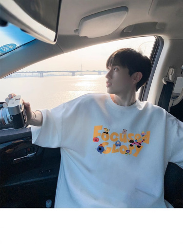 Men's Summer 210g Pure Cotton Heavyweight T-shirt Short Sleeve Men Loose Fit Casual Print Base Shirt Trend Brand Top