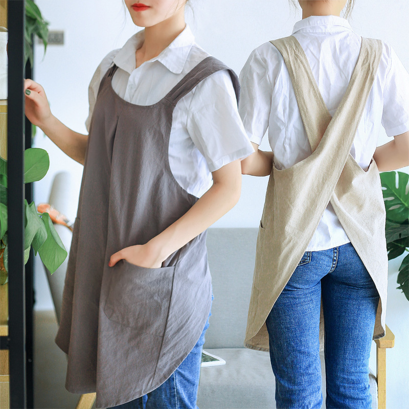简约日韩风棉麻围裙女款居家罩衣花店复古免系带围兜|undefined