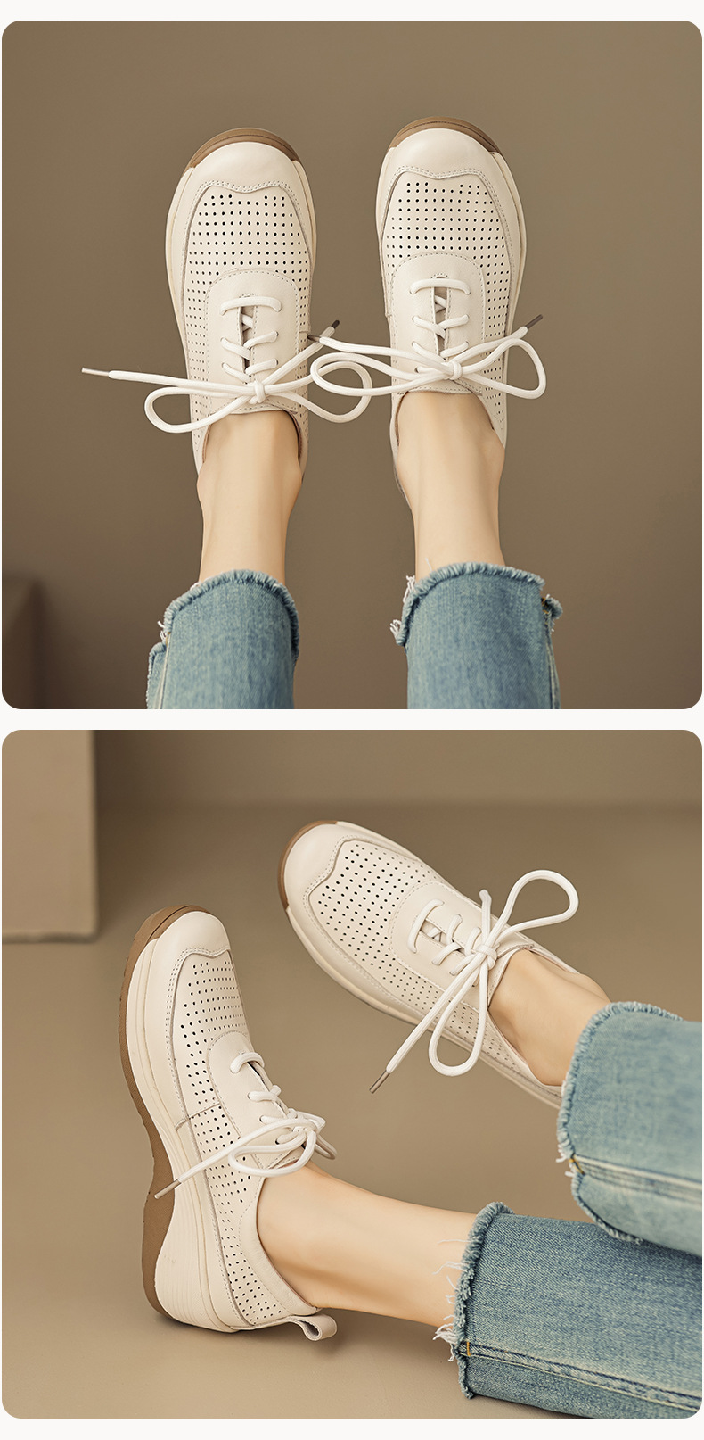 Giày da nữ đế xuồng dây buộc da bò đục lỗ — Màu trắng be chi tiết 8