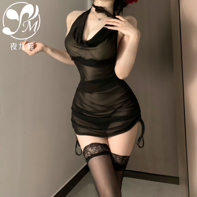 Sexy Lingerie with a Seductive Allure, See-Through Hollow Lace, Two-In-One Camisole Nightdress with a Pocket Collar and Layered Pleated Short Skirt