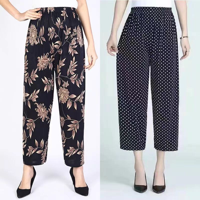 Ice Silk Pants for Women, Summer Thin Floral Pants, Loose Plus-Size Cropped Pants, Wide-Leg Pants for Middle-Aged and Elderly, Mom's Casual Pants Ice Silk Pants for Women, Summer Thin Floral Pants, Loose Plus-Size Cropped Pants, Wide-Leg Pants for Middle-Aged and Elderly, Mom's Casual Pants