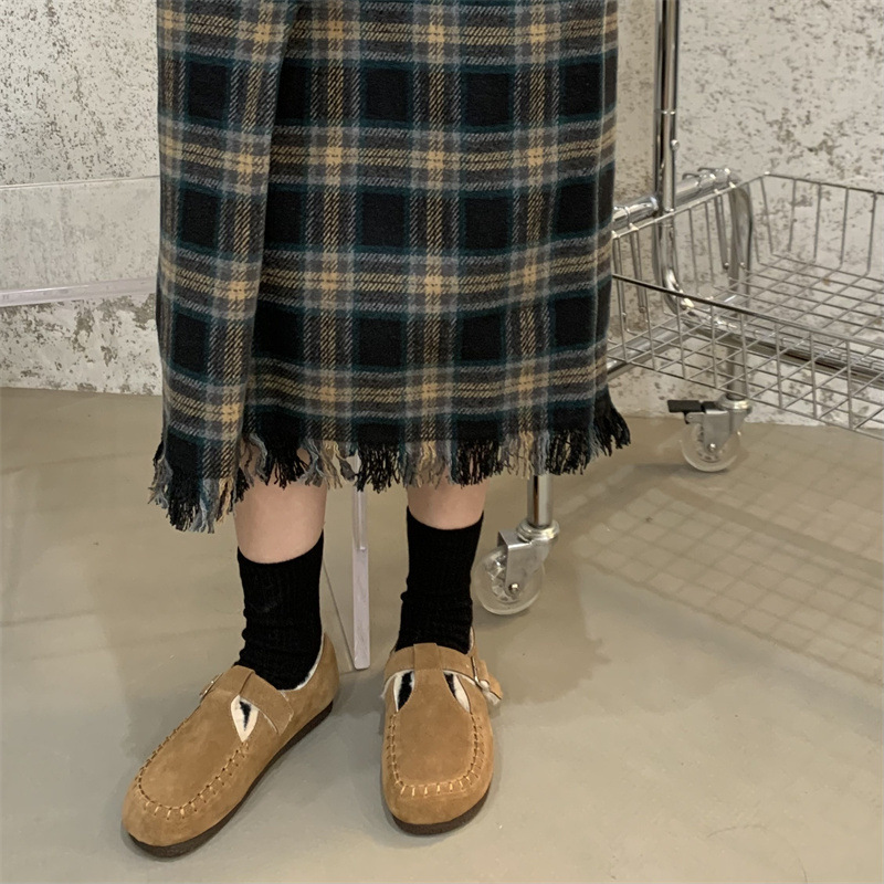 기모 둥근 발가락 보켄 신발 여성용 슬립 온 신발 게으른 가죽 모피 신발 여성용 아웃웨어 슬리퍼