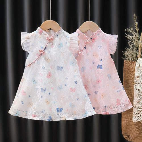 Girls Tang suit cheongsam summer dress Hanfu year old baby girl short-sleeved cotton and linen national style dress 77037