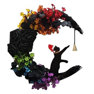 Cross-Border New Halloween Crescent Moon Cat Bell Garland Christmas Moon Simulation Rattan Garland Atmosphere Door Hanging