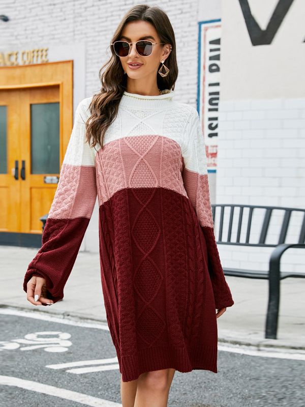 Amazon popular Otoño e Invierno casual suelta cuello redondo suéter largo perezoso estilo contraste color manga larga suéter de punto vestido