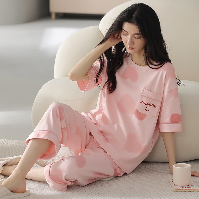 100% Cotton Pajamas Women's Spring and Summer Short-sleeved Cropped Pants Korean Style Cartoon Women's Thin Home Clothes Cotton suit