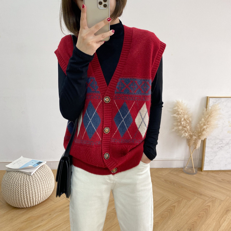Chaleco de punto con cuello en V de Lingge Chaleco de mujer primavera y otoño transfronterizo nuevo estilo ropa exterior suelta rebeca retro chaqueta sin mangas marea