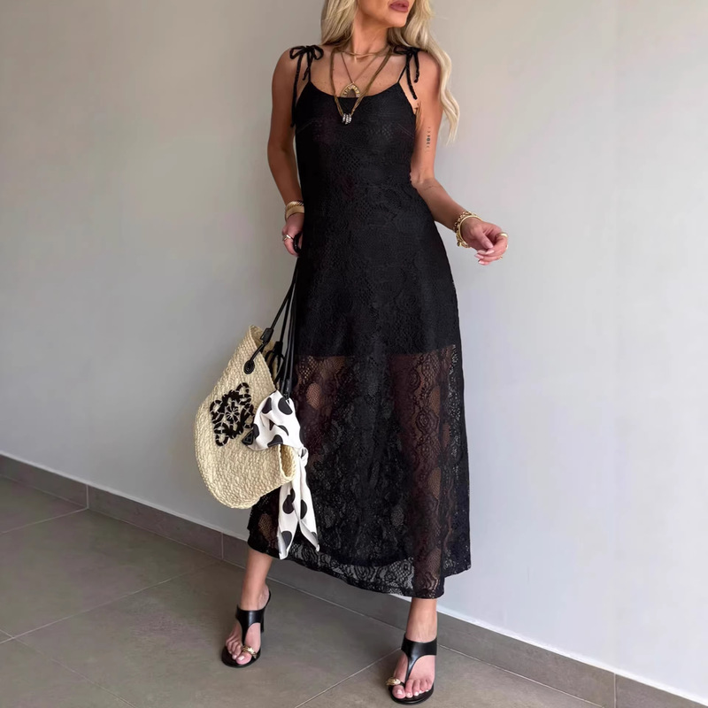 European and American Style Solid Color Spaghetti Strap Dress, Cross-Border Spring and Summer Lace Sheer Square Neck Slim Fit Women's Long Dress European and American Style Solid Color Spaghetti Strap Dress, Cross-Border Spring and Summer Lace Sheer Square Neck Slim Fit Women's Long Dress
