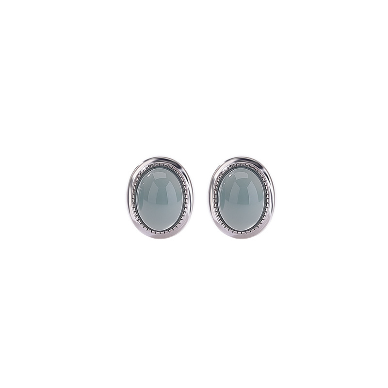 Bông tai bạc S925 đính đá ngọc bích xanh hình trứng đơn giản thanh lịch — Cặp đôi