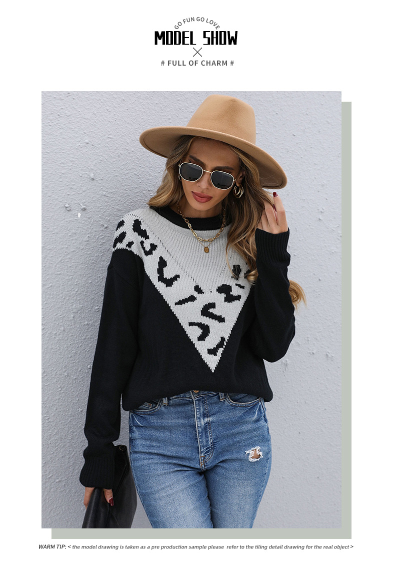 Pullover maglione sciolto a maniche lunghe con stampa leopardata a contrasto_voghion.com