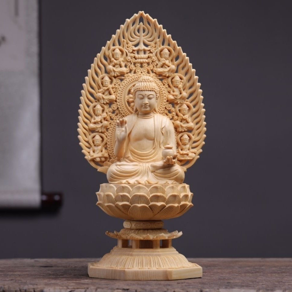 桧木精雕刻东方世界净琉璃药师佛像摆件 智慧琉璃光如来阿弥陀佛