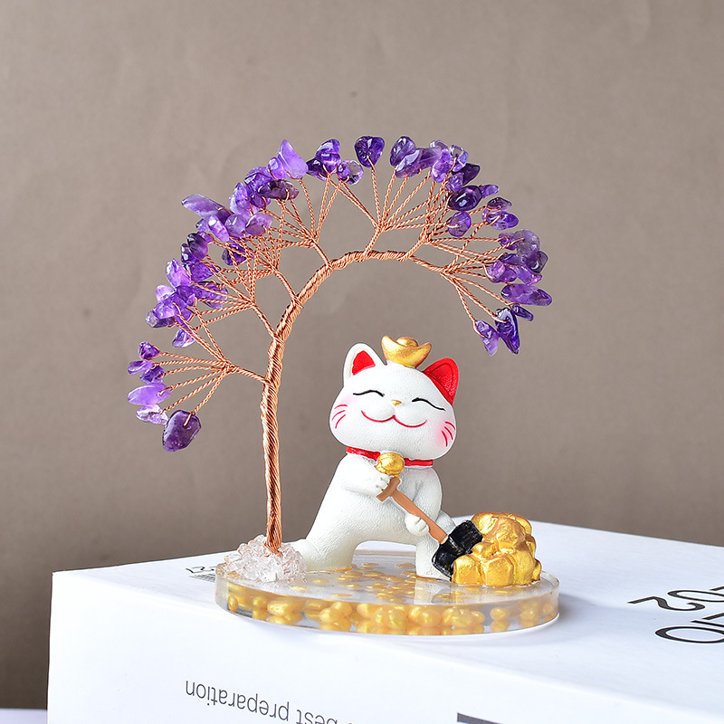 天然水晶フォーチュンツリー招き猫装飾品車ホームオフィスレジデスクトップアクセサリークリスマスギフト|undefined