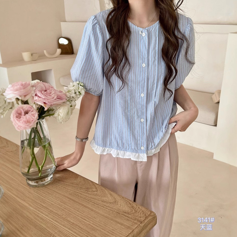 Striped Lace Puff Sleeve Shirt for Women 2025 Summer New Design Niche Loose Slimming Top