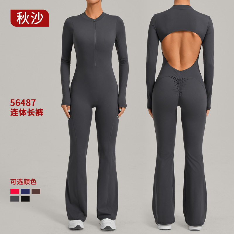 Autumn Long-Sleeved Jumpsuit with Integrated Stand-Up Collar and Flared Yoga Jumpsuit with Wide Legs for Running and Fitness 56487 Autumn Long-Sleeved Jumpsuit with Integrated Stand-Up Collar and Flared Yoga Jumpsuit with Wide Legs for Running and Fitness 56487